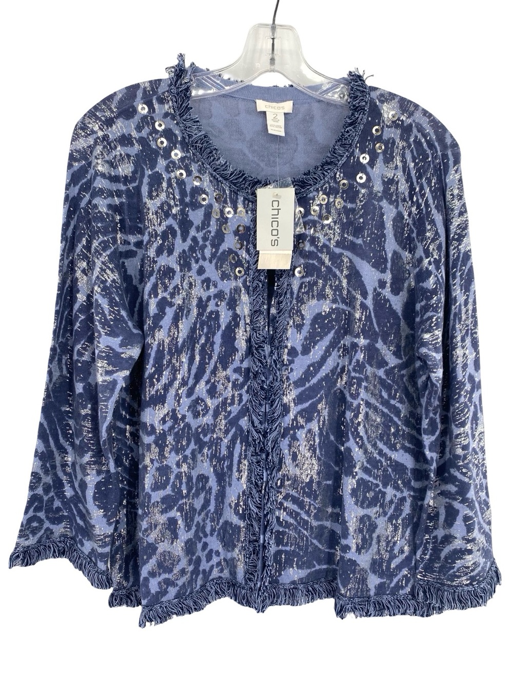 Chico’s Frankie Foiled Animal Fringe Linen Cardigan Sweater Serenity Blue New